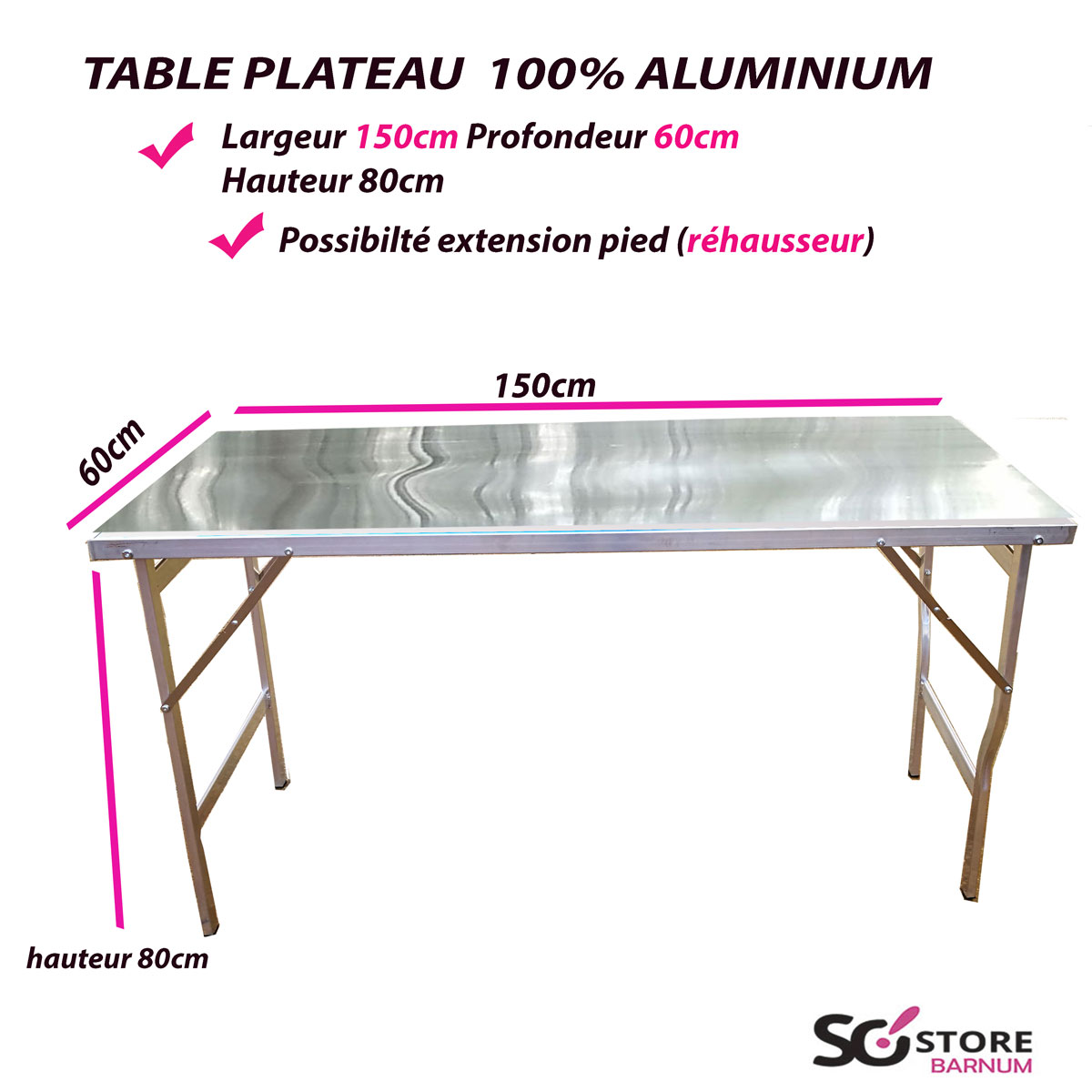 TABLE HORIZONTALE plateau ALUMINIUM, 60cm x 150cm